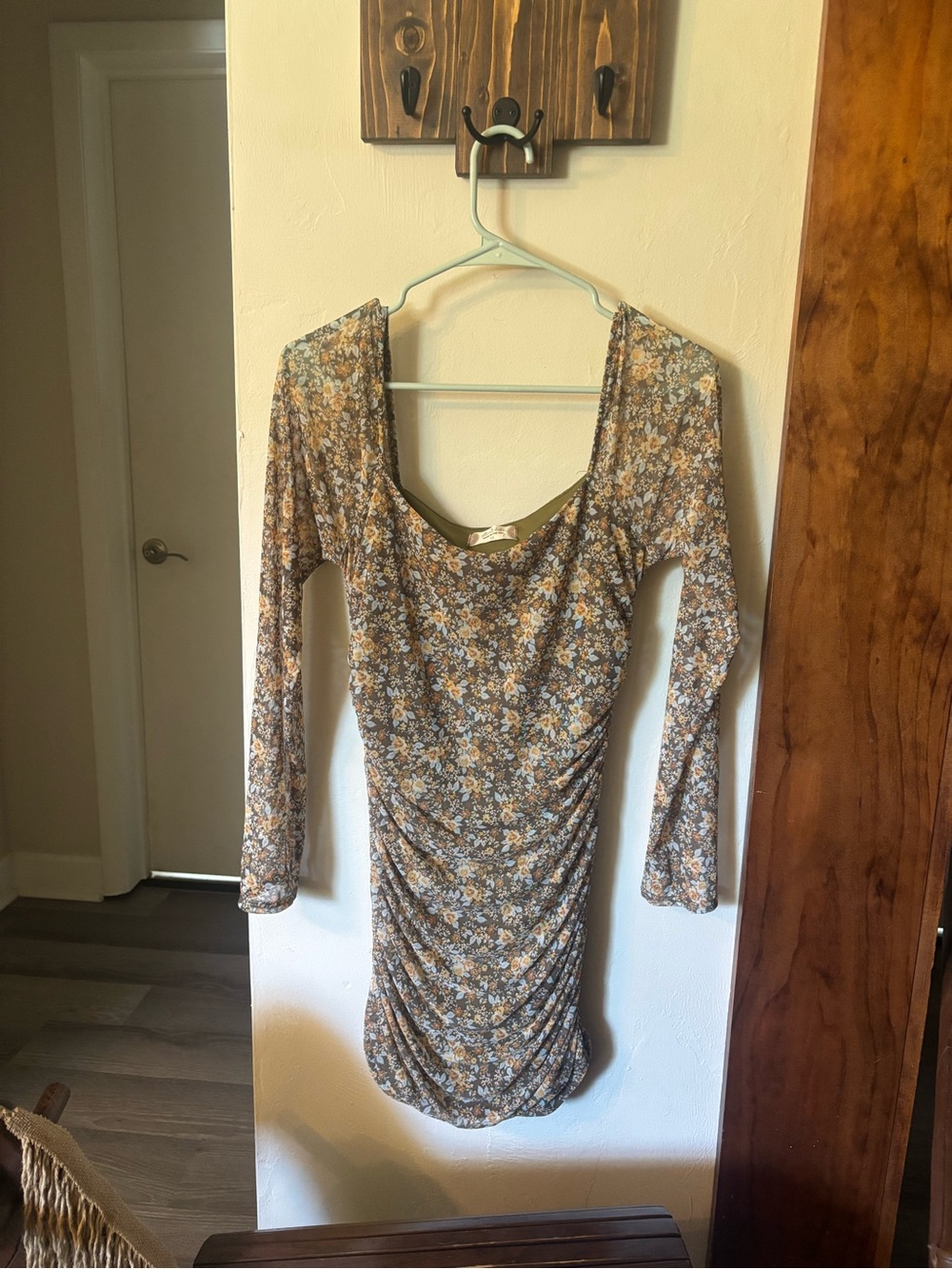 Altar’d state Floral Ruched Long Sleeve Scoop Neck Dress - Yellow + Olive